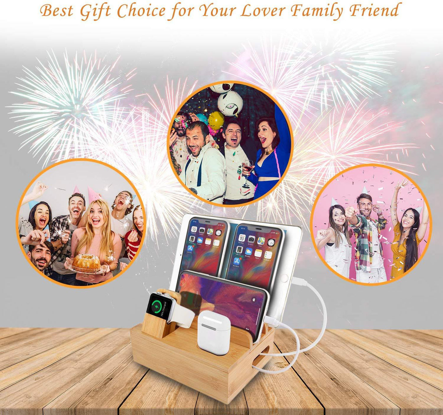 Natural Bamboo Multi-Device Charging Station – 5-Port USB Dock for iPhone, iPad, Samsung, Huawei, iWatch & AirPods (30W)