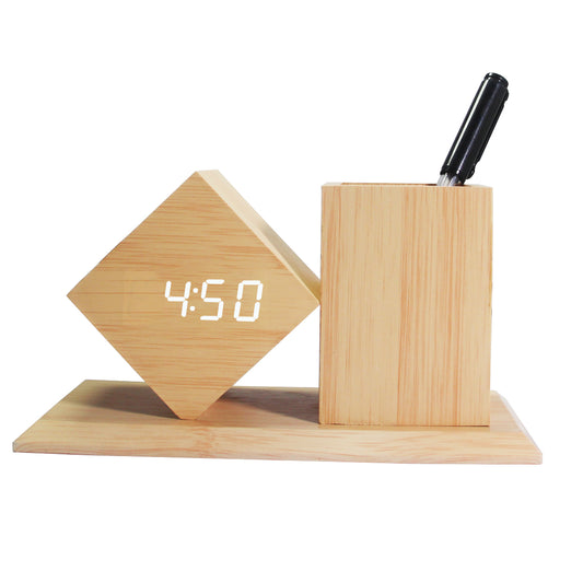 Wooden Pen Holder Desktop Multifunctional Electronic Clock Student Gift Led Pen Holder Alarm Clock Creative Silent Wooden Clock