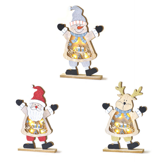 Wooden Christmas Luminous Ornaments – Santa, Snowman & Elk Holiday Decorations (Battery Powered)
