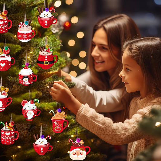 50PCS Christmas Wooden Hot Cocoa Ornaments – Unfinished DIY Coffee Mug Pendants with Bells, Pens & Ropes (10 Styles)