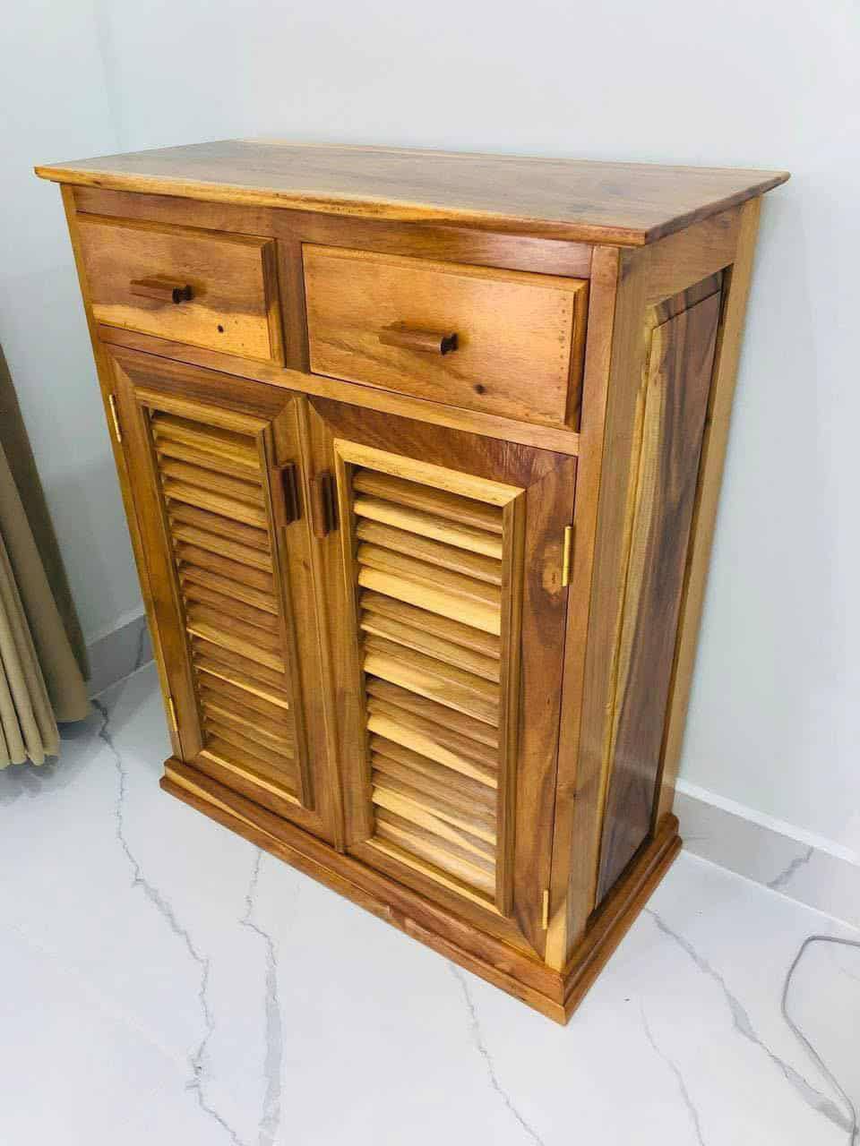 Solid Wood Storage Cabinet with Louver Doors – Natural Acacia Finish