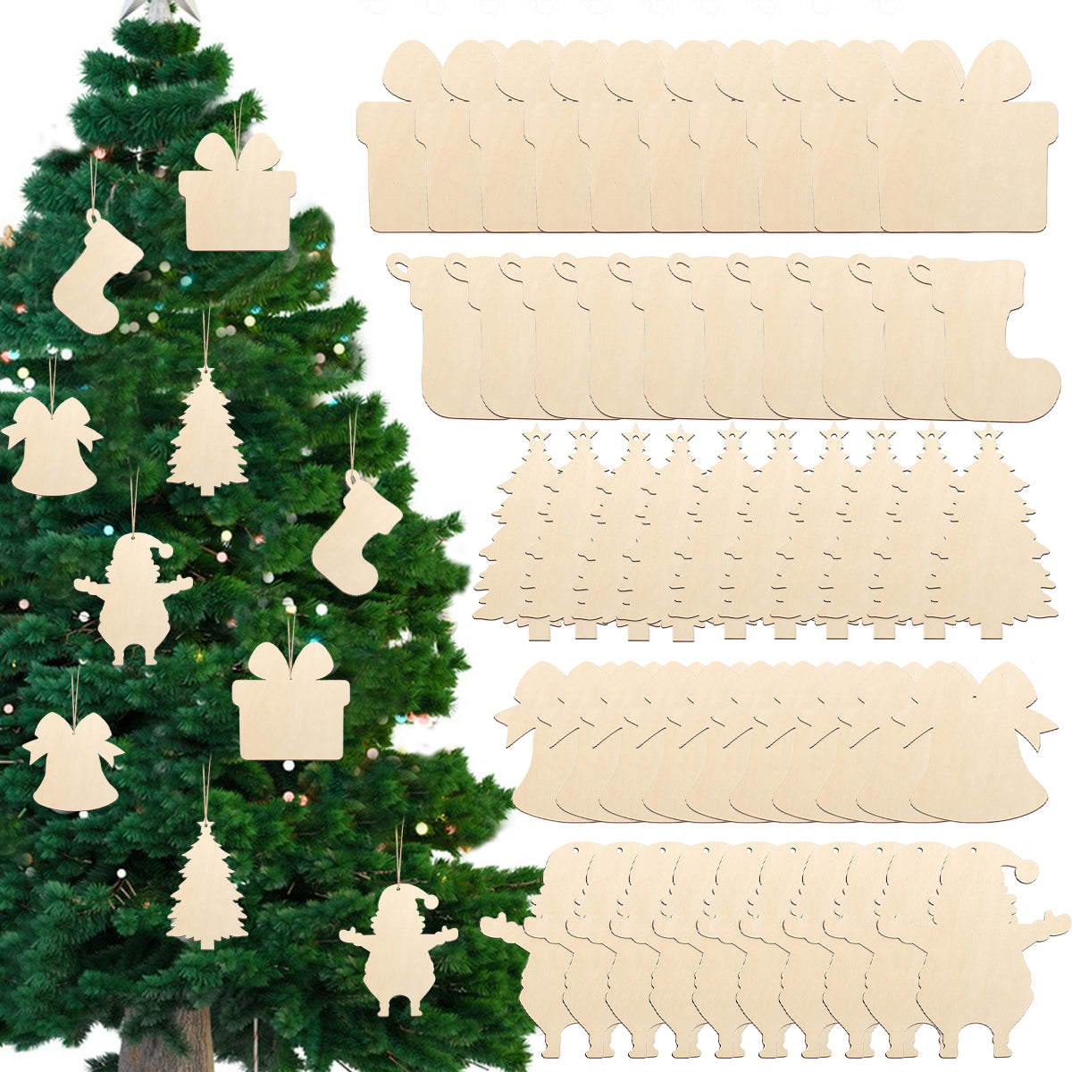 20PCS/40PCS Unfinished Wooden Christmas Ornaments – Paintable DIY Blank Hanging Decorations (5 Designs)