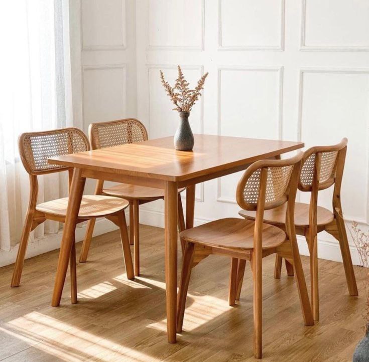 Modern Solid Wood Dining Table Set with 4 Rattan-Back Chairs – Natural Finish