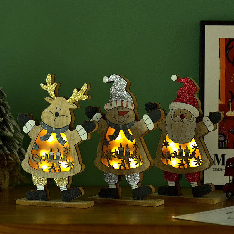 Wooden Christmas Luminous Ornaments – Santa, Snowman & Elk Holiday Decorations (Battery Powered)