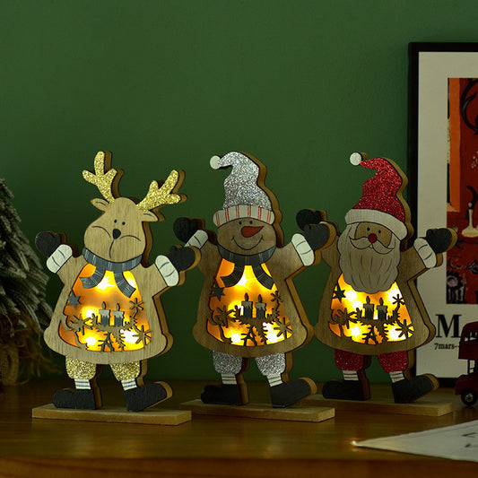 Wooden Christmas Luminous Ornaments – Santa, Snowman & Elk Holiday Decorations (Battery Powered)