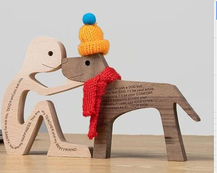 Family Puppy Wooden Carving Ornament – Handmade Dog Figurine Home Decor
