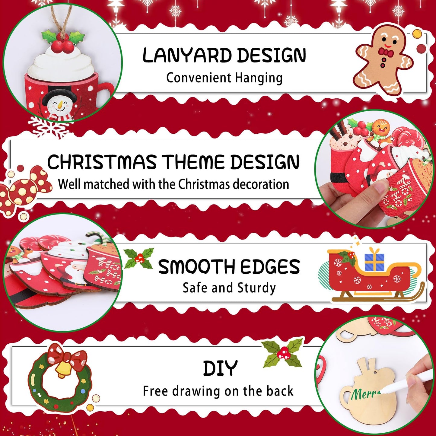 50PCS Christmas Wooden Hot Cocoa Ornaments – Unfinished DIY Coffee Mug Pendants with Bells, Pens & Ropes (10 Styles)