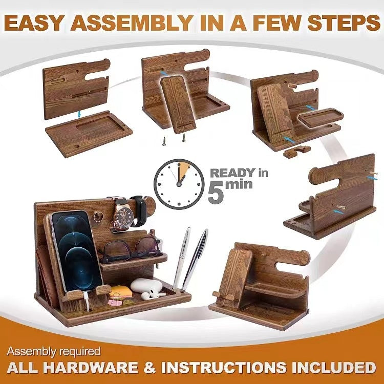 Creative Wooden/Bamboo Multi-Purpose Phone Holder – 2-Layer Storage Stand