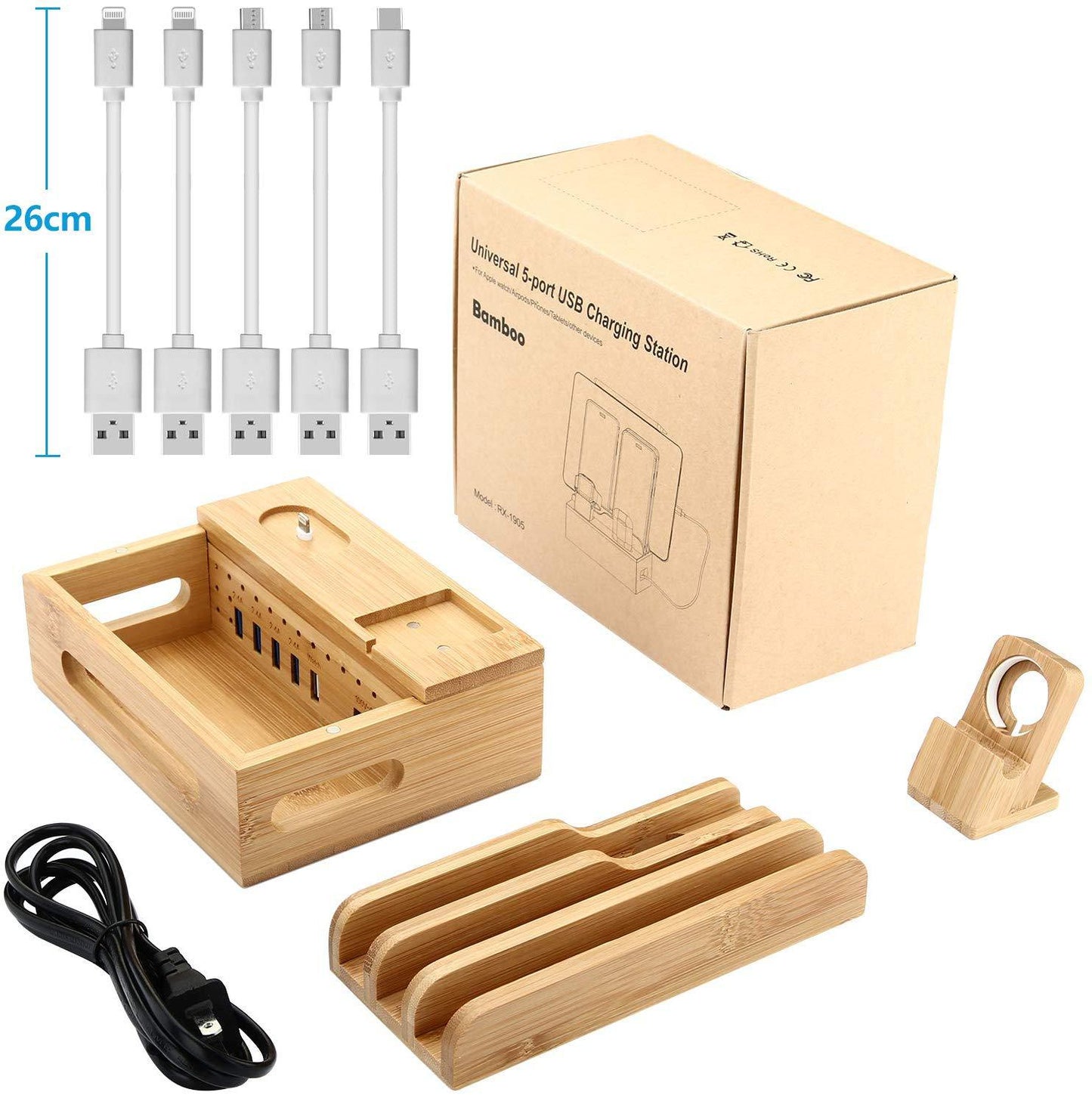 Natural Bamboo Multi-Device Charging Station – 5-Port USB Dock for iPhone, iPad, Samsung, Huawei, iWatch & AirPods (30W)