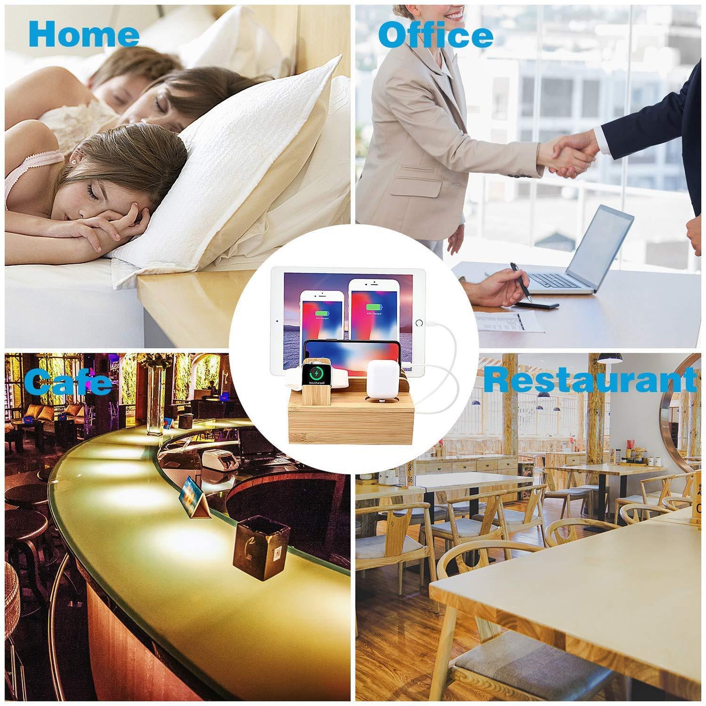 Natural Bamboo Multi-Device Charging Station – 5-Port USB Dock for iPhone, iPad, Samsung, Huawei, iWatch & AirPods (30W)