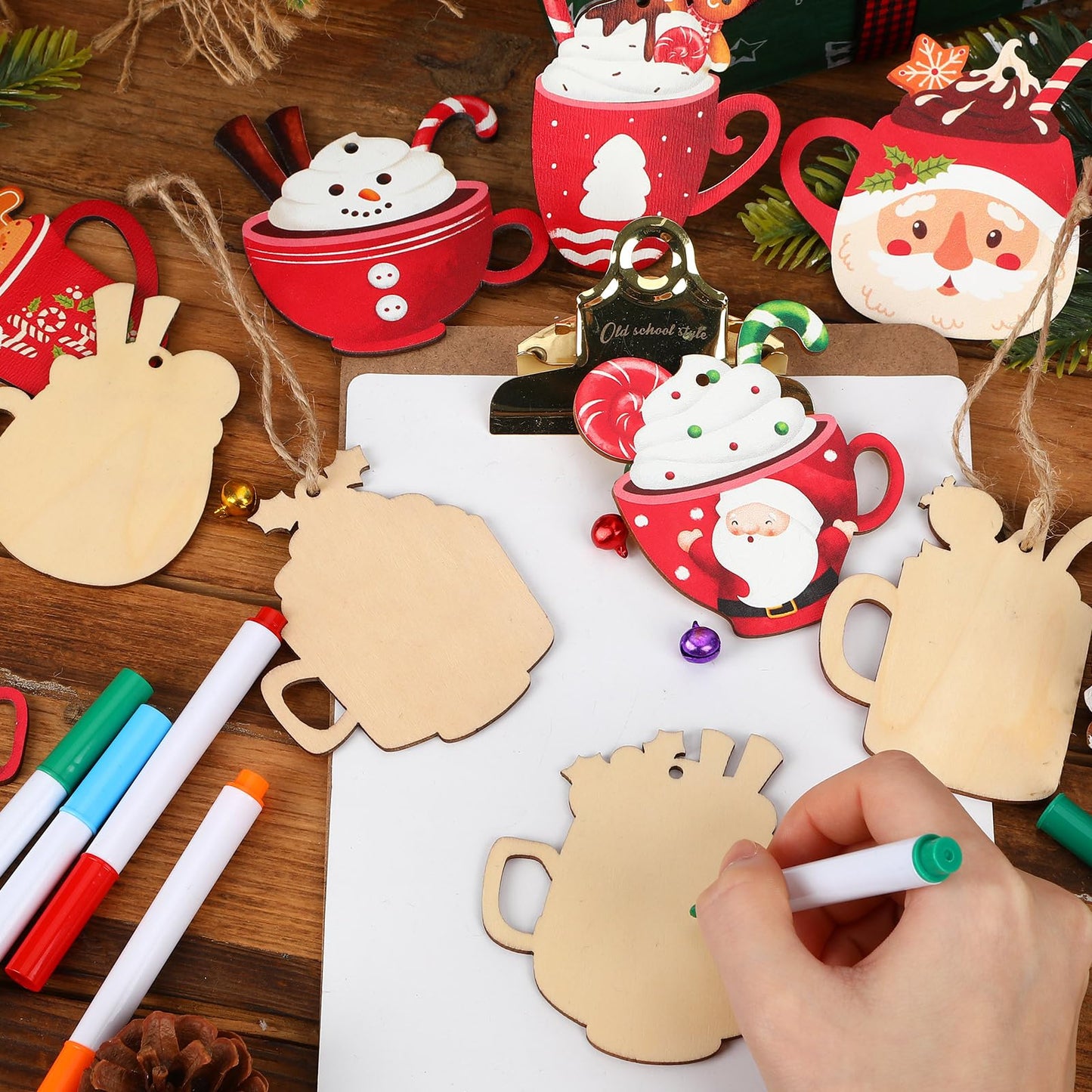 50PCS Christmas Wooden Hot Cocoa Ornaments – Unfinished DIY Coffee Mug Pendants with Bells, Pens & Ropes (10 Styles)