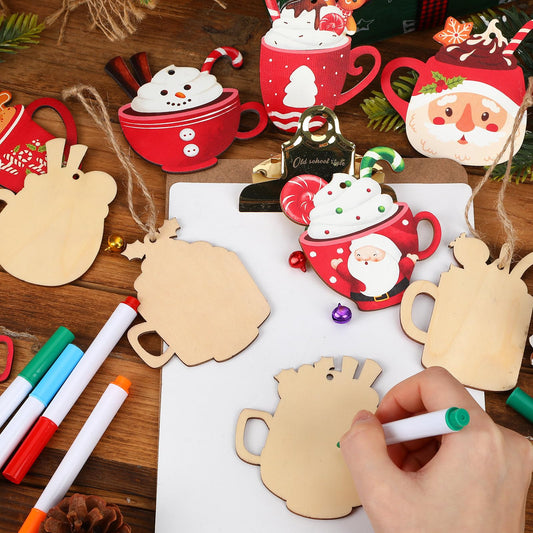 50PCS Christmas Wooden Hot Cocoa Ornaments – Unfinished DIY Coffee Mug Pendants with Bells, Pens & Ropes (10 Styles)