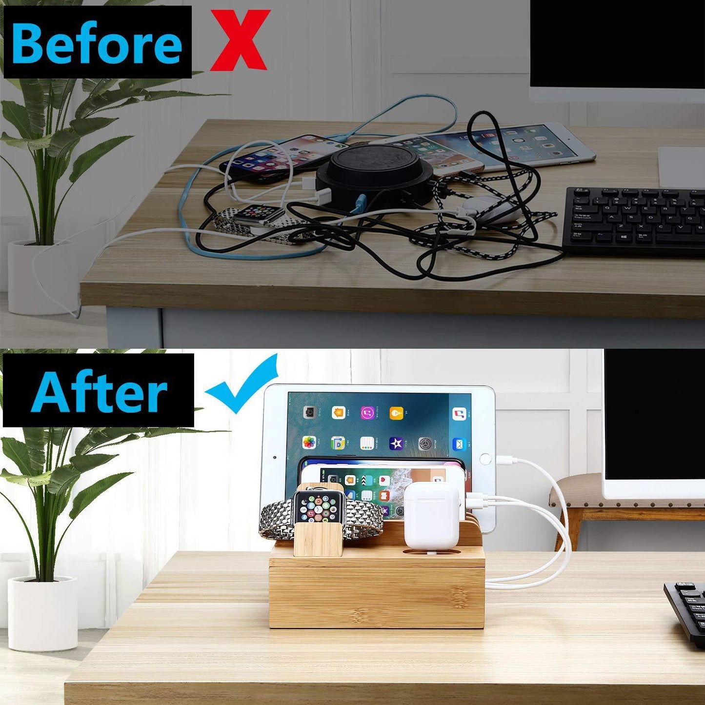 Natural Bamboo Multi-Device Charging Station – 5-Port USB Dock for iPhone, iPad, Samsung, Huawei, iWatch & AirPods (30W)