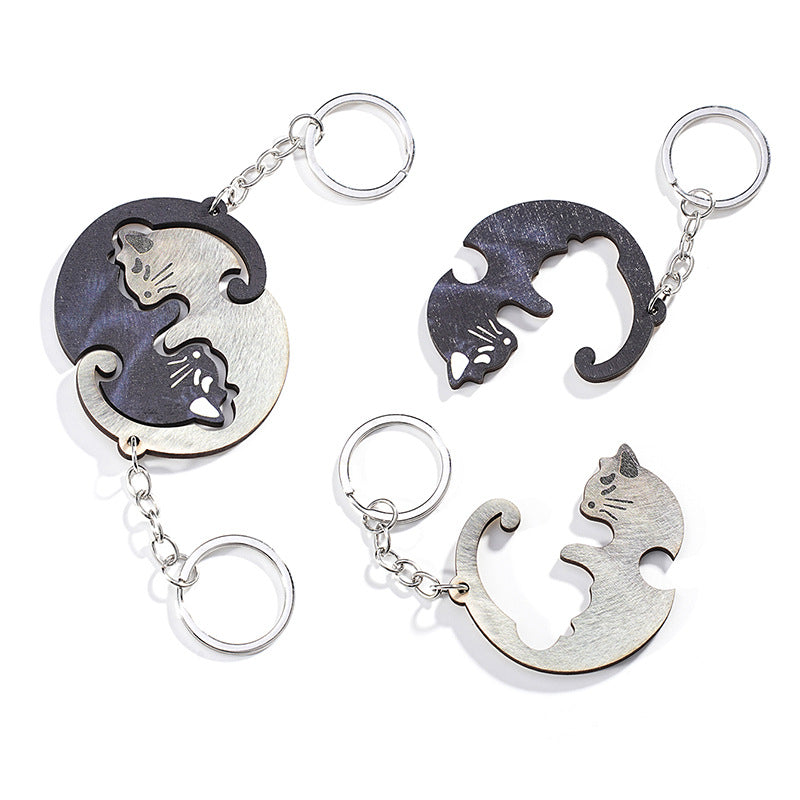 Cute Animal Couple Keychain Set – Metal & Acrylic Wooden Pendant Pairs