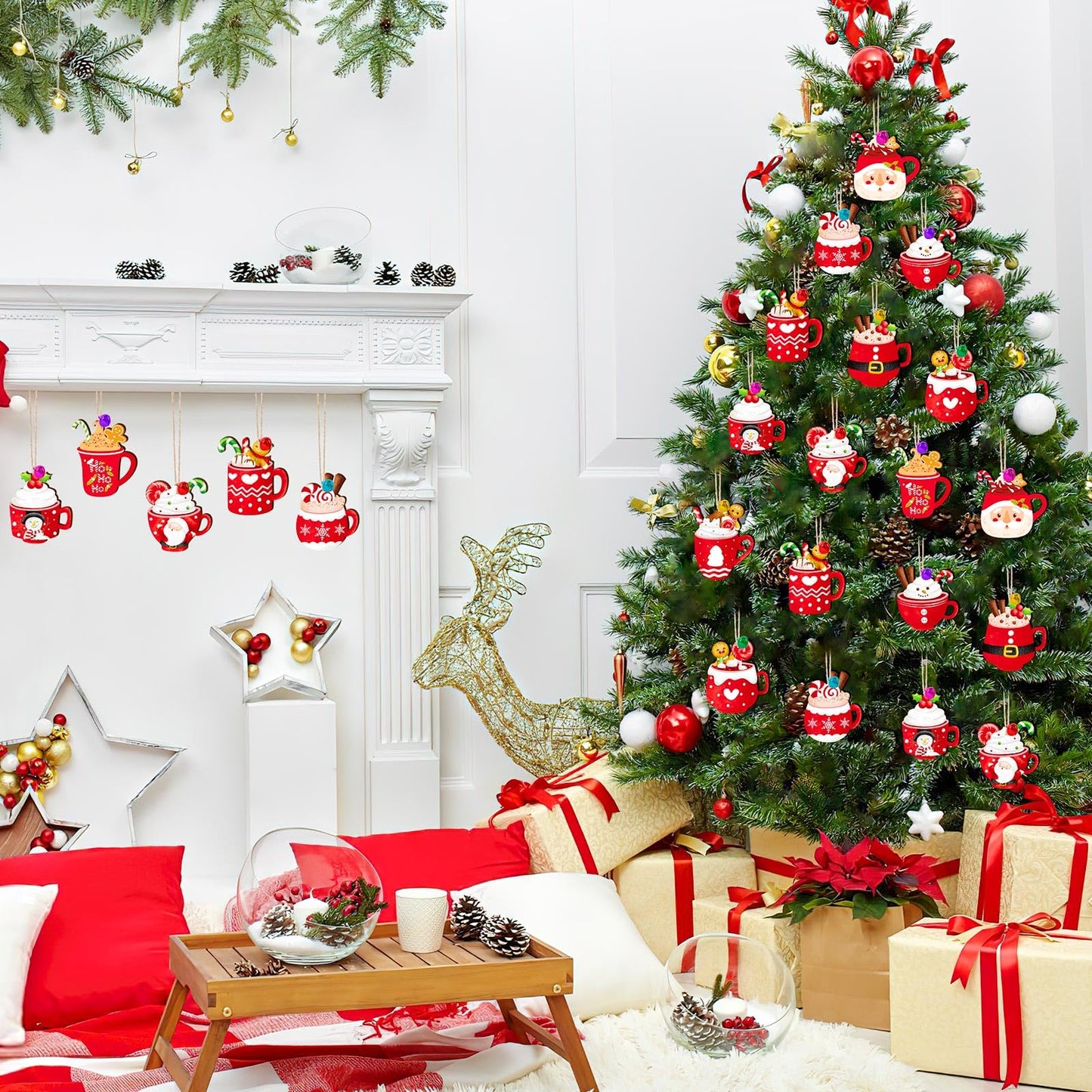 50PCS Christmas Wooden Hot Cocoa Ornaments – Unfinished DIY Coffee Mug Pendants with Bells, Pens & Ropes (10 Styles)
