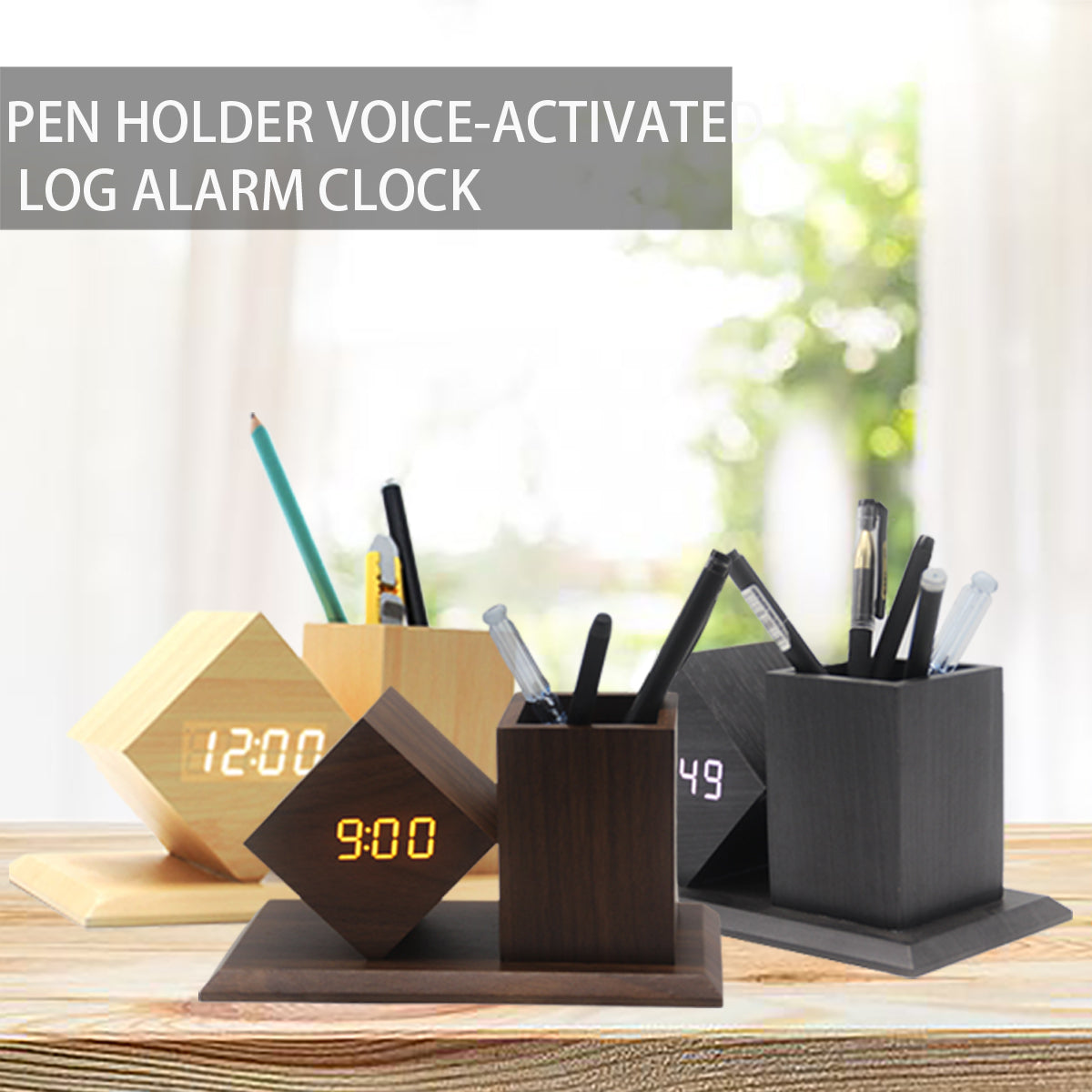 Wooden Pen Holder Desktop Multifunctional Electronic Clock Student Gift Led Pen Holder Alarm Clock Creative Silent Wooden Clock
