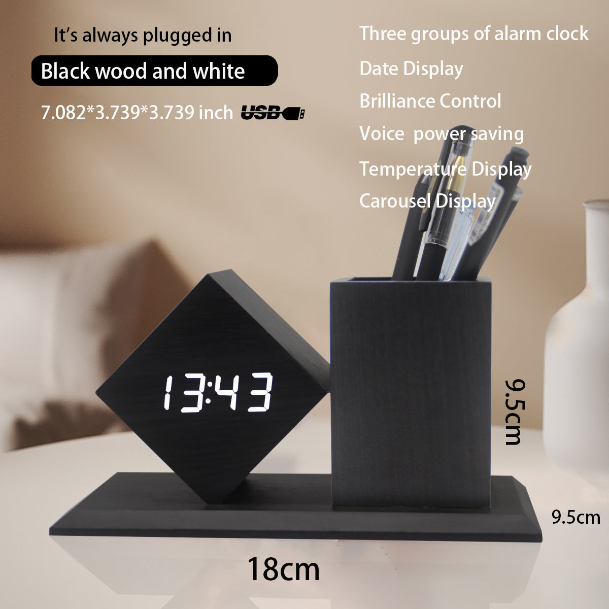 Wooden Pen Holder Desktop Multifunctional Electronic Clock Student Gift Led Pen Holder Alarm Clock Creative Silent Wooden Clock