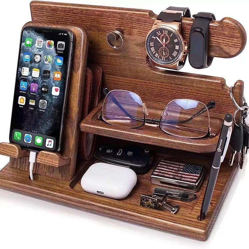 Creative Wooden/Bamboo Multi-Purpose Phone Holder – 2-Layer Storage Stand