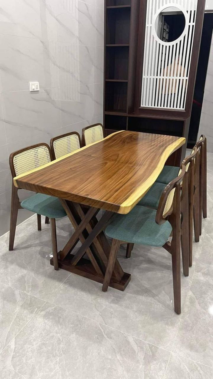 Luxury Solid Wood Live-Edge Dining Table Set with 6 Chairs – Walnut Finish