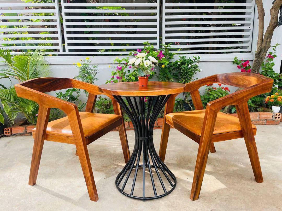 Modern Solid Wood Lounge Chair & Coffee Table Set – Handmade Acacia Wooden Furniture for Home, Patio & Café