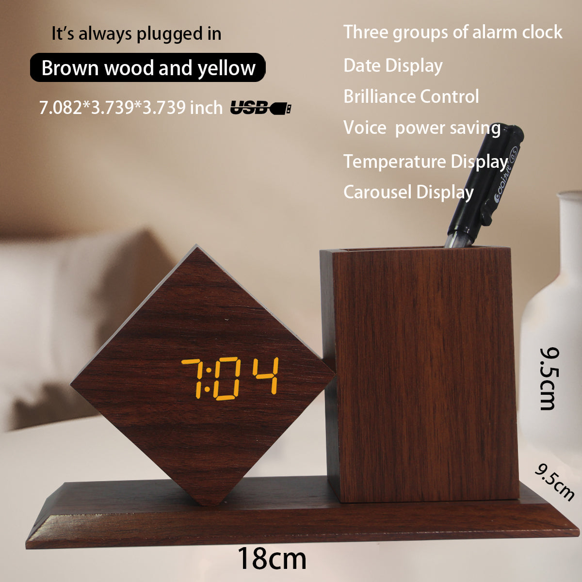 Wooden Pen Holder Desktop Multifunctional Electronic Clock Student Gift Led Pen Holder Alarm Clock Creative Silent Wooden Clock