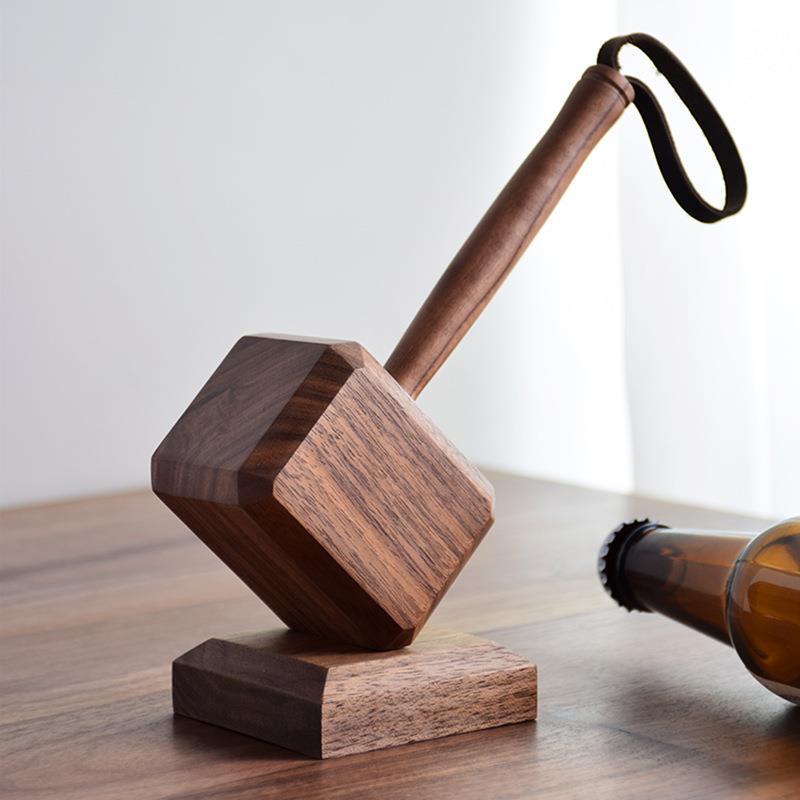 Wooden Hammer Bottle Opener Set – Beech Wood Craft, Vintage Style Beer Opener with Base