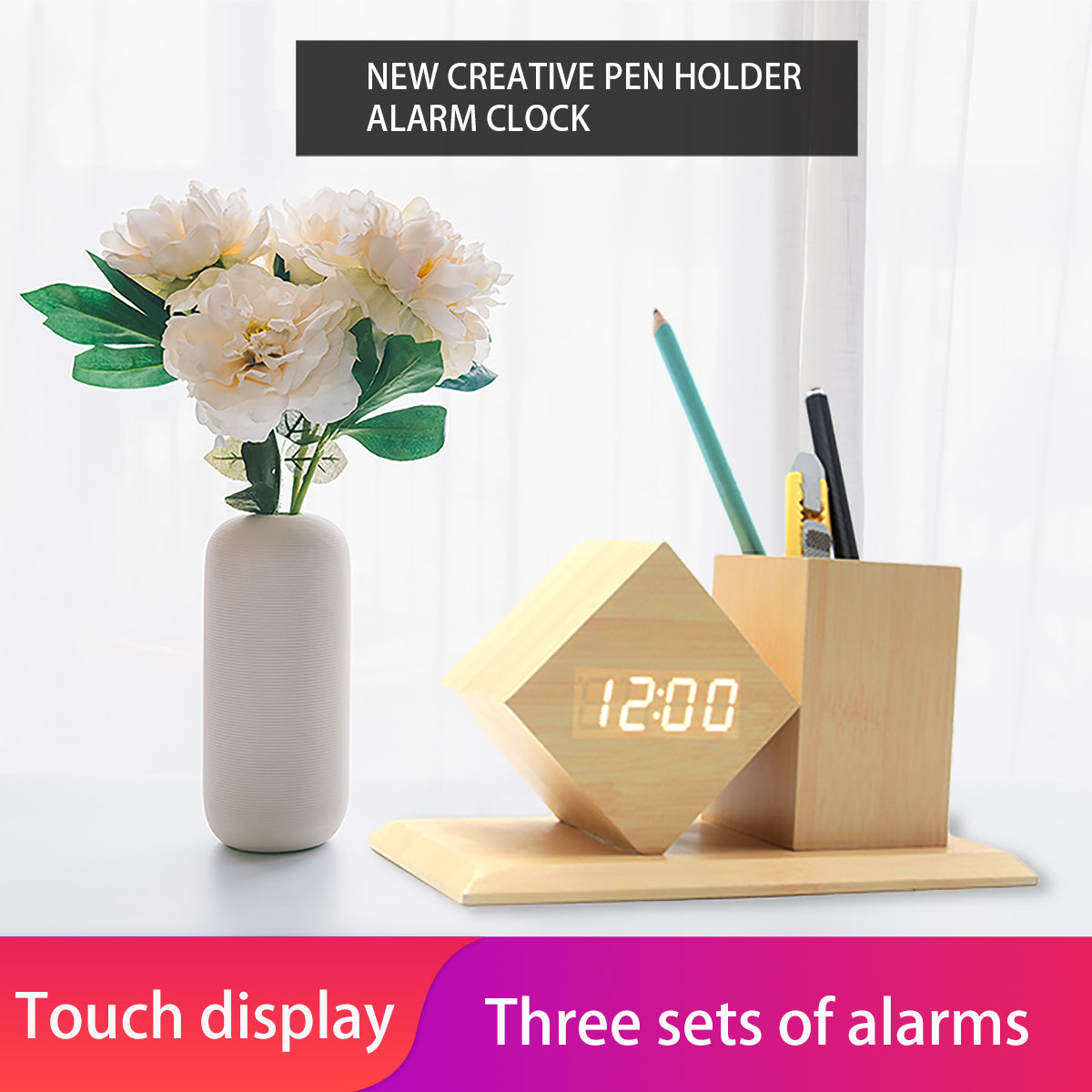 Wooden Pen Holder Desktop Multifunctional Electronic Clock Student Gift Led Pen Holder Alarm Clock Creative Silent Wooden Clock