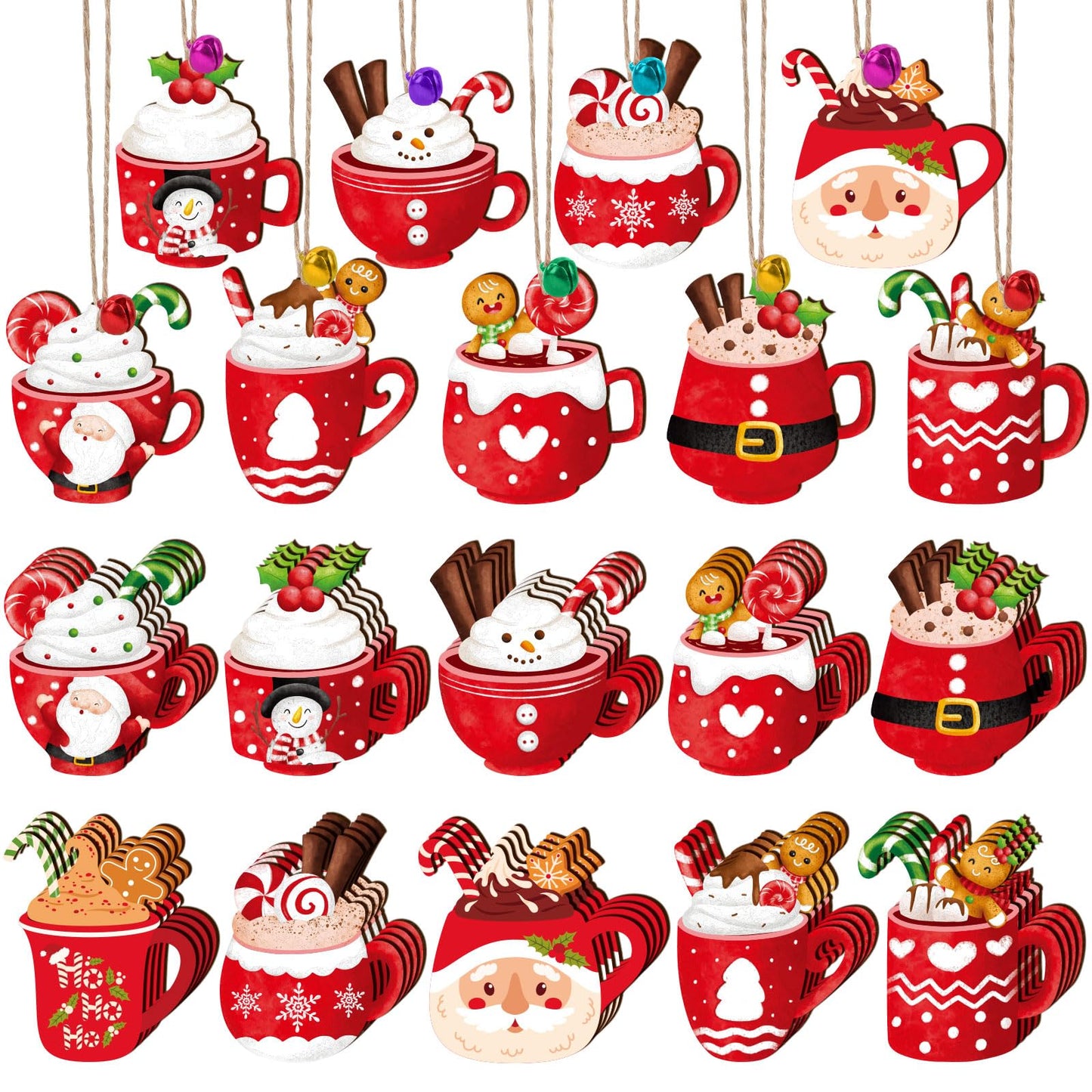 50PCS Christmas Wooden Hot Cocoa Ornaments – Unfinished DIY Coffee Mug Pendants with Bells, Pens & Ropes (10 Styles)