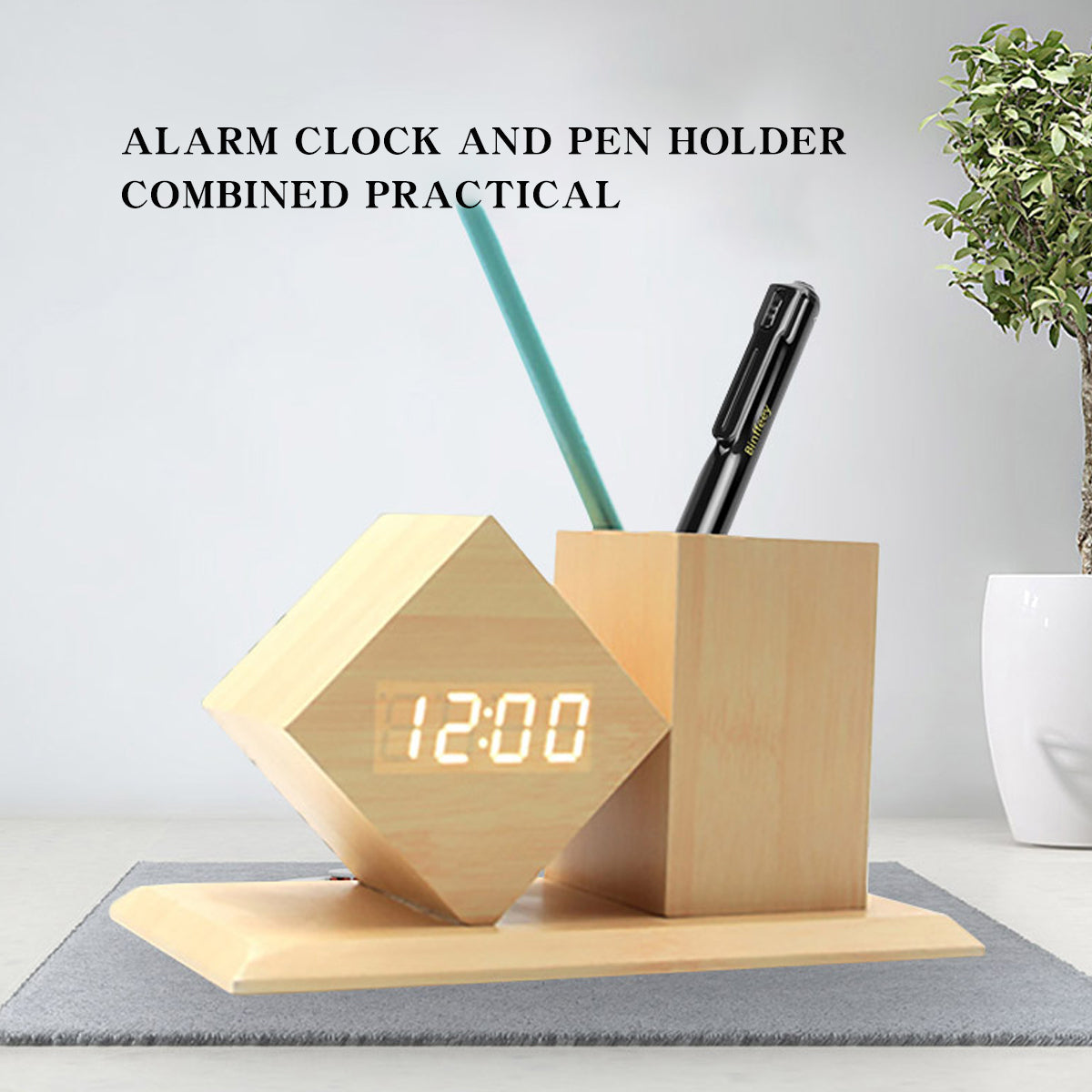 Wooden Pen Holder Desktop Multifunctional Electronic Clock Student Gift Led Pen Holder Alarm Clock Creative Silent Wooden Clock