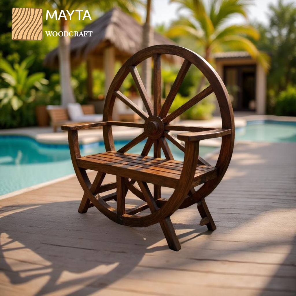 Handcrafted Wooden Wagon Wheel Outdoor Chair – Rustic Garden & Patio Seating by MAYTA Woodcraft