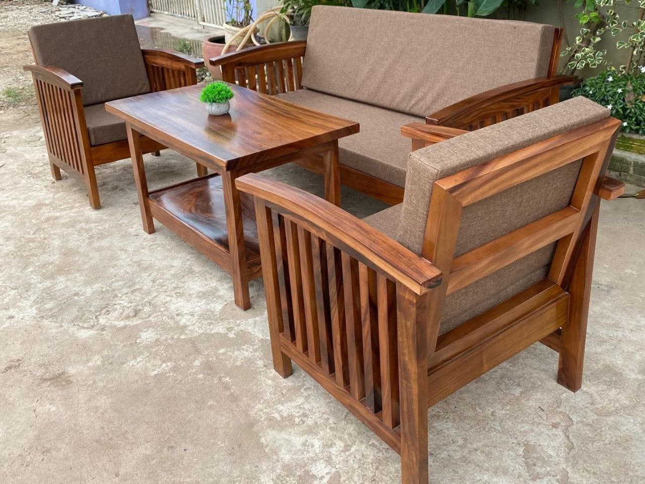 Solid Wood Living Room Sofa Set – Handmade Wooden 3+1+1 Seating with Matching Coffee Table