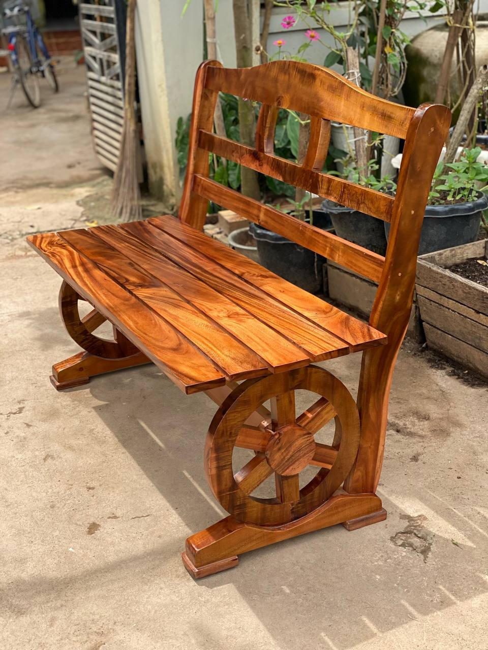 Handcrafted Solid Wood Bench with Decorative Wheel Legs – Rustic Outdoor & Indoor Seating