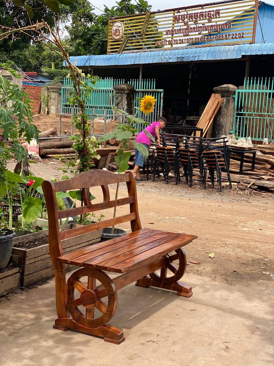 Handcrafted Solid Wood Bench with Decorative Wheel Legs – Rustic Outdoor & Indoor Seating