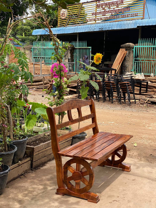 Handcrafted Solid Wood Bench with Decorative Wheel Legs – Rustic Outdoor & Indoor Seating